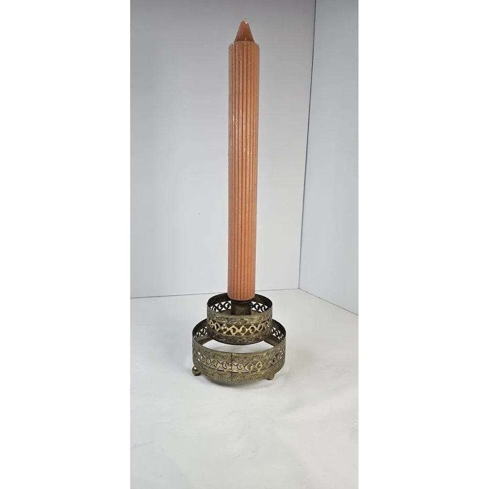Vintage Brass Tone Pierced Scrollwork Filigree-Style‎ Taper Candle Holder 4.25